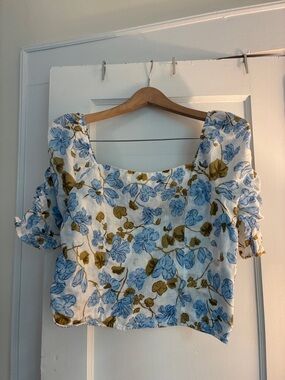 Joie Linen White Floral Square-Neck Puff Sleeve Crop Top